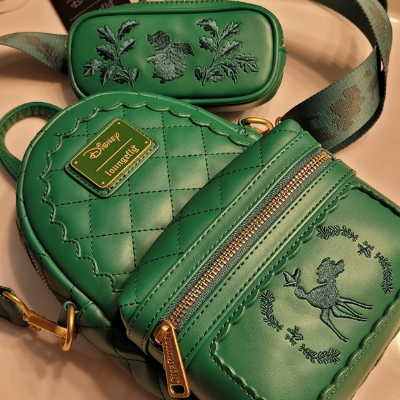 Bambi Loungefly X Disney Green Quilted Pattern Crossbody Sling Matching Coin Bag - Picture 16 of 16
